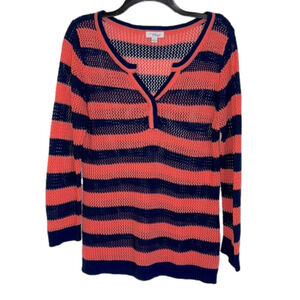 Great Northwest Indigo Navy & Pink Stripe Split Neck Loose Knit Sweater - Large